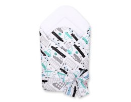 Bobono Dwustronny rożek dla niemowląt miękki z wiązaniem - autka szaro-turkusowe