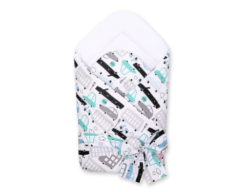 Bobono Dwustronny rożek dla niemowląt miękki z wiązaniem - autka szaro-turkusowe