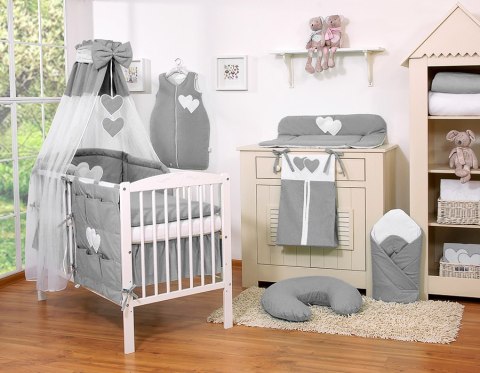 Bobono Pościel 5-cz 120x90 z baldachimem - Wiszące Serduszka antracyt