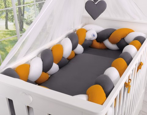 My Sweet Baby Ochraniacz warkocz pleciony do łóżeczka XXL - biały-musztardowy-antracyt