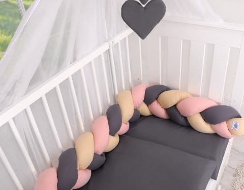 My Sweet Baby Ochraniacz warkocz pleciony do łóżeczka - beżowy-brudny róż-antracyt