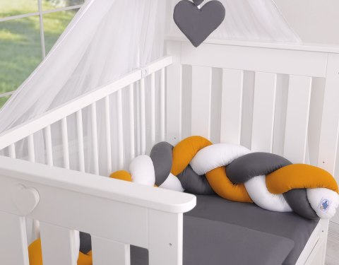 My Sweet Baby Ochraniacz warkocz pleciony do łóżeczka - biały-musztardowy-antracyt