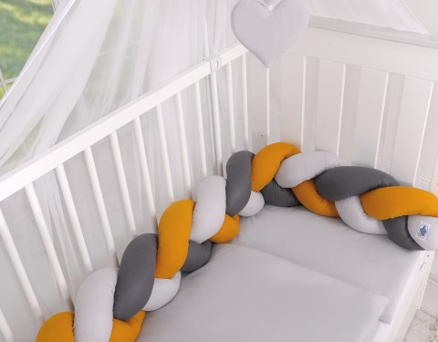 My Sweet Baby Ochraniacz warkocz pleciony do łóżeczka - szary-musztardowy-antracyt