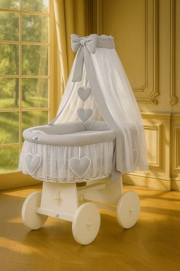 My Sweet Baby Wiklinowy kosz Mojżesza z baldachimem Amelia - biały + szara pościel