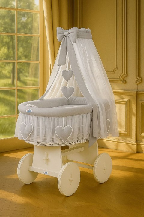 My Sweet Baby Wiklinowy kosz Mojżesza z baldachimem Amelia - biały + szara pościel