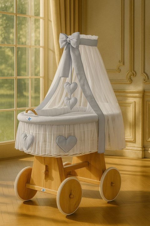 My Sweet Baby Wiklinowy kosz Mojżesza z baldachimem Amelia - naturalny + szara pościel