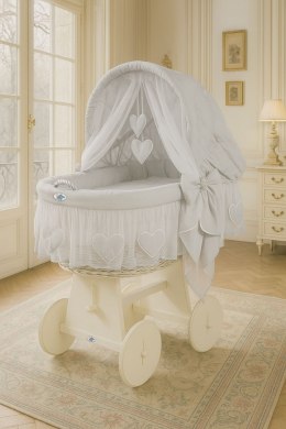 My Sweet Baby Wiklinowy kosz Mojżesza ze składaną budką Amelia - biały + szara pościel