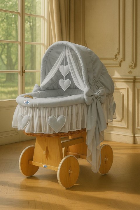 My Sweet Baby Wiklinowy kosz Mojżesza ze składaną budką Amelia - naturalny + szara pościel