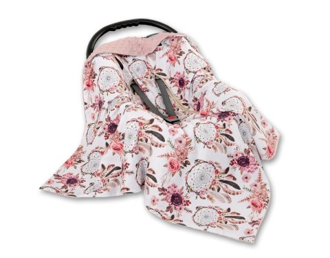 Bobono Duży otulacz dla niemowląt do fotelika nosidełka wózka dwustronny - łapacze snów kwiatowe/brudny róż
