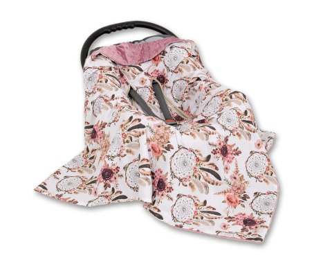 Bobono Duży otulacz dla niemowląt do fotelika nosidełka wózka dwustronny - łapacze snów kwiatowe/róż retro