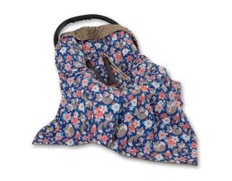 Bobono Duży otulacz dla niemowląt do fotelika nosidełka wózka dwustronny - lisia rodzinka na granacie