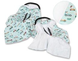 Bobono Duży otulacz dla niemowląt do fotelika nosidełka wózka dwustronny - zajączki miętowe/biały