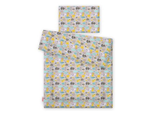 Bobono Komplet pościeli dla dzieci z wypełnieniem 120x90cm - zwierzątka szaro-miętowe