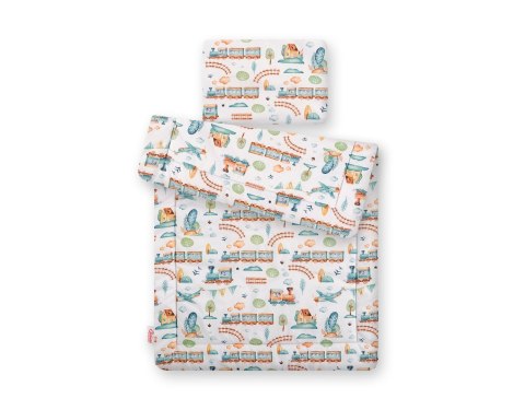 Bobono Komplet pościeli dla niemowląt z wypełnieniem 2-cz 75x100cm NEWBORN - pociąg turkusowy