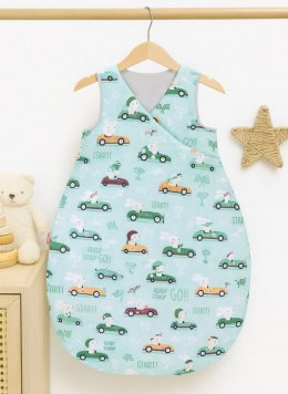 Bobono Śpiworek dla dzieci bawełniany M 3-12 mcy TOG 2.5 całoroczny ocieplany - zające w autkach miętowe