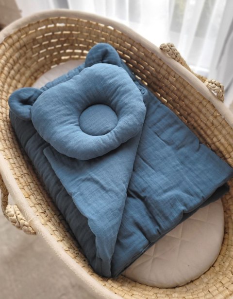 My Sweet Baby Kołderka z wypełnieniem i poduszka profilowana Miś MUŚLIN- zestaw 2cz. - brudny niebieski