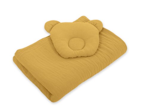 My Sweet Baby Kołderka z wypełnieniem i poduszka profilowana Miś MUŚLIN- zestaw 2cz. - musztardowy