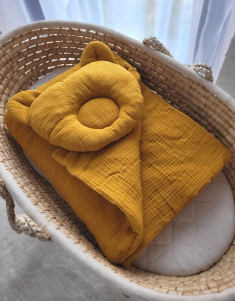 My Sweet Baby Kołderka z wypełnieniem i poduszka profilowana Miś MUŚLIN- zestaw 2cz. - musztardowy