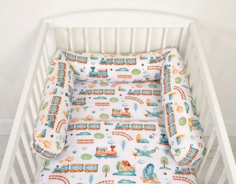 Bobono Ochraniacz wałek do łóżeczka niemowlęcego - pociąg turkusowy