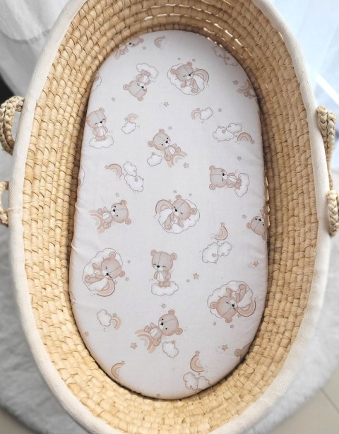 My Sweet Baby Prześcieradło bawełniane do kosza Mojżesza Boho wózka gondoli 75x35 cm - beżowy miś z tęczą