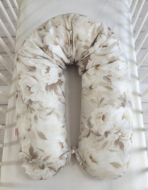 Bobono Poduszka ciążowa Longer dla kobiet w ciąży do spania + zdejmowana poszewka - Peonies beige