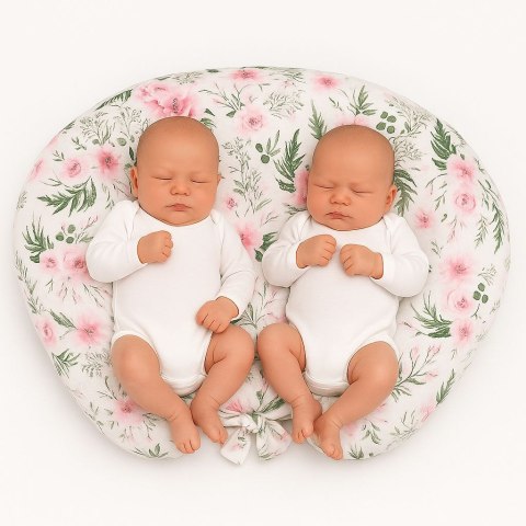 Bobono Poduszka rogal do karmienia bliźniąt + zdejmowana poszewka - peonie różowe