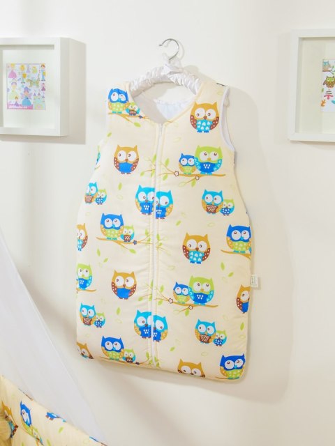Bobono Śpiworek dla dzieci bawełniany M 6-12 mcy TOG 2.5 całoroczny sowy na kremowym tle
