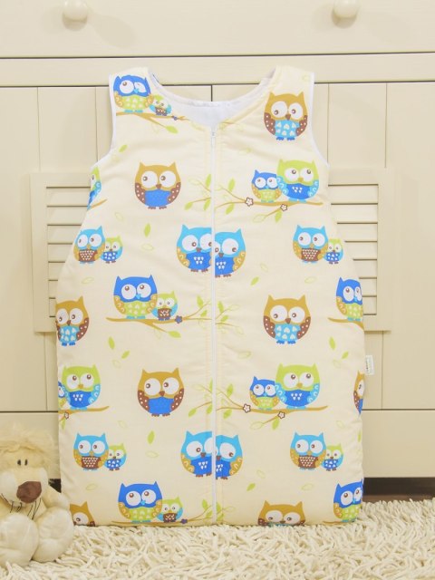 Bobono Śpiworek dla dzieci bawełniany M 6-12 mcy TOG 2.5 całoroczny sowy na kremowym tle