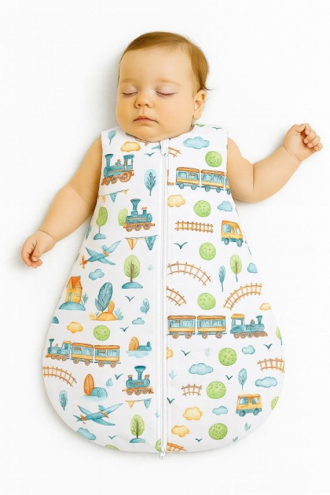 Bobono Śpiworek dla dzieci bawełniany zaokrąglony S 0-6 mcy letni TOG 1.0 - pociąg turkusowy