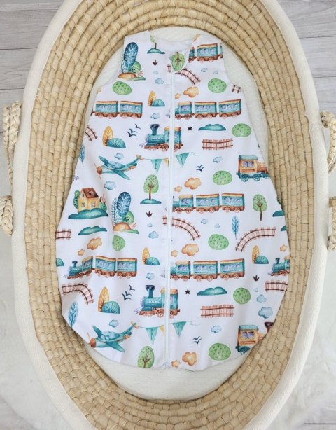 Bobono Śpiworek dla dzieci bawełniany zaokrąglony S 0-6 mcy letni TOG 1.0 - pociąg turkusowy