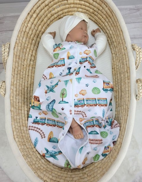 Bobono Śpiworek dla dzieci bawełniany zaokrąglony S 0-6 mcy letni TOG 1.0 - pociąg turkusowy