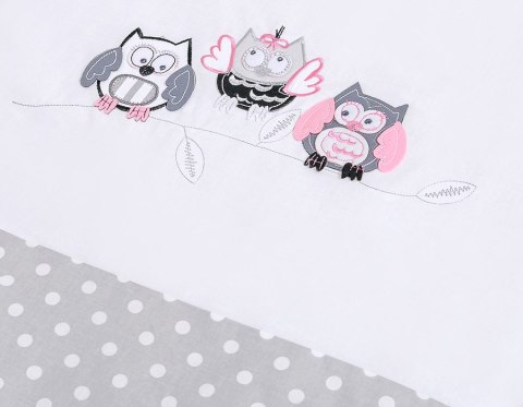 My Sweet Baby Komplet pościeli dla dzieci 120x90cm z ochraniaczem 3-cz Sówki szare z haftem szaro-różowym