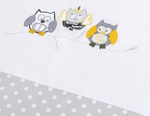 My Sweet Baby Komplet pościeli dla dzieci 120x90cm z ochraniaczem 3-cz Sówki szare z haftem szaro-żółtym