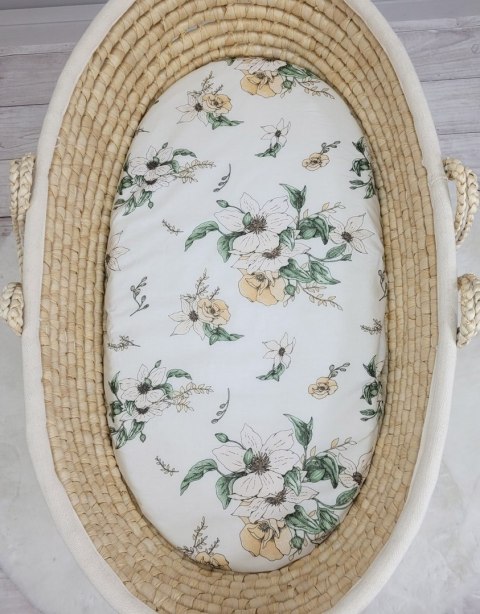 My Sweet Baby Prześcieradło bawełniane do kosza Mojżesza Boho wózka gondoli 75x35 cm - Clematis on beige