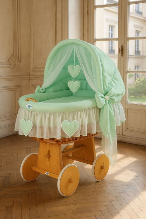 My Sweet Baby Wiklinowy kosz Mojżesza ze składaną budką Amelia - naturalny + miętowa pościel