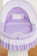 My Sweet Baby Wiklinowy kosz Mojżesza ze składaną budką Bellamy - biały + fioletowa pościel