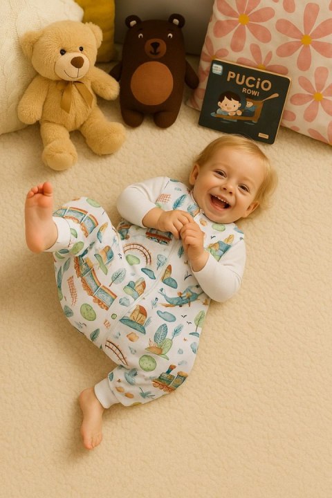 Bobono Śpiworek dla dzieci z nogawkami bawełniany ocieplany L 9-24 mcy TOG 2.5 - pociąg turkusowy