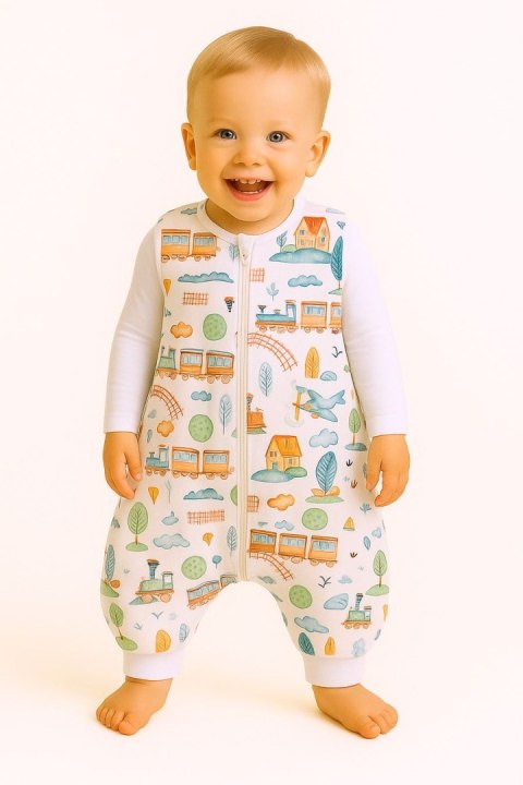 Bobono Śpiworek dla dzieci z nogawkami bawełniany ocieplany L 9-24 mcy TOG 2.5 - pociąg turkusowy