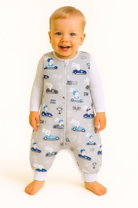 Bobono Śpiworek dla dzieci z nogawkami bawełniany ocieplany L 9-24 mcy TOG 2.5 - zające w autkach szare