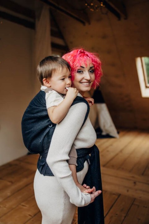 Nosidełko LennyHybrid Half Buckle, splot żakardowy, 59% bawełna, 41% wełna merino, rozmiar preschool - PAWI OGON - PITCH BLACK