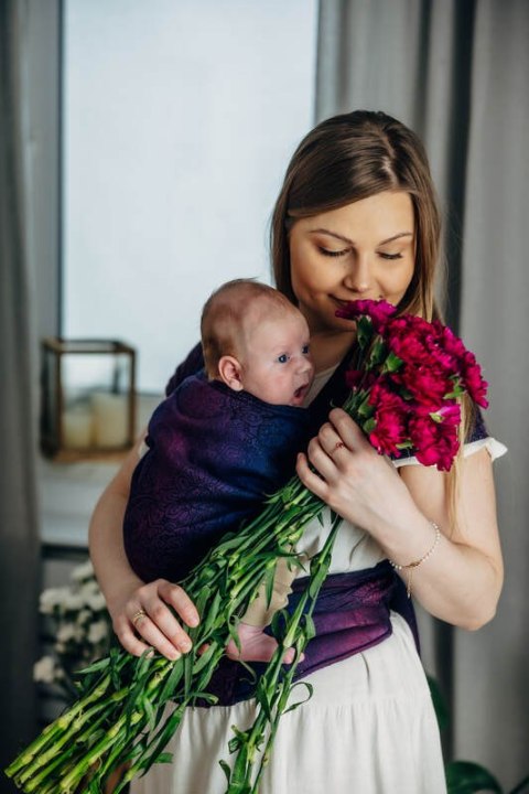 Nosidełko LennyHybrid Half Buckle, splot żakardowy, 100% bawełna , rozmiar standard - DZIKIE WINO - BOUQUET