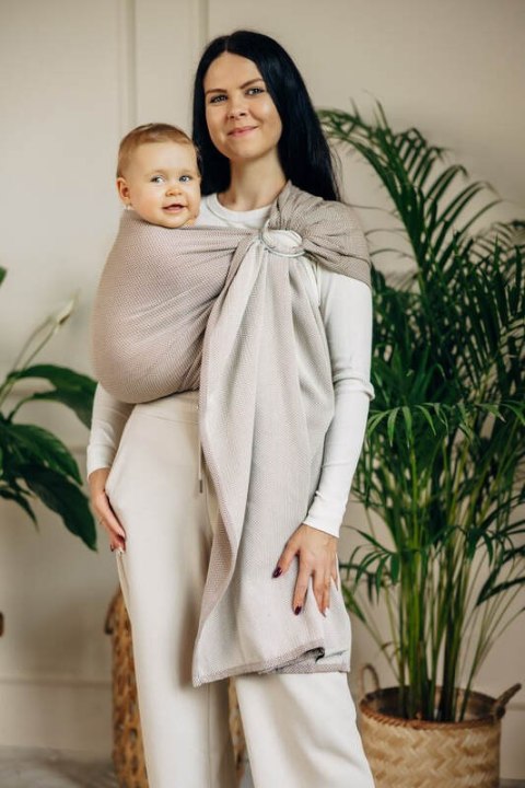 Chusta kółkowa do noszenia dzieci, tkana splotem jodełkowym, bawełna, ramię bez zakładek - MAŁA JODEŁKA ALMOND - standard 1.8m