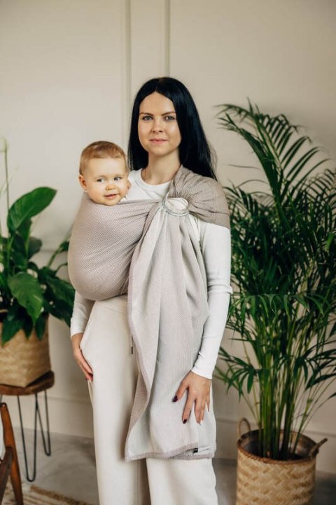 Chusta kółkowa do noszenia dzieci, tkana splotem jodełkowym, bawełna, ramię bez zakładek - MAŁA JODEŁKA ALMOND - standard 1.8m