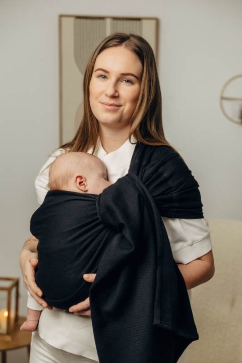 Chusta kółkowa do noszenia dzieci, tkana splotem jodełkowym, bawełna, ramię bez zakładek - MAŁA JODEŁKA CZARNY HEBAN - standard 