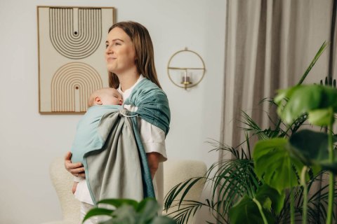 Moja pierwsza chusta kółkowa do noszenia dzieci, tkana splotem jodełkowym, bawełna, ramię bez zakładek - MAŁA JODEŁKA BABY MINT 