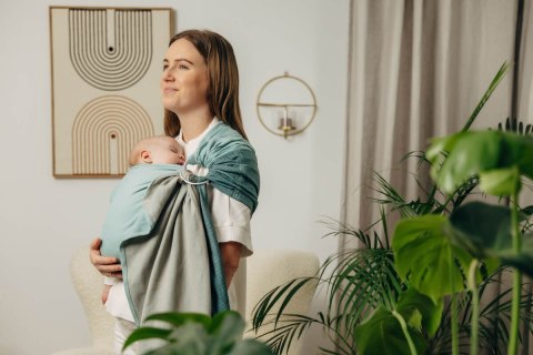 Moja pierwsza chusta kółkowa do noszenia dzieci, tkana splotem jodełkowym, bawełna, ramię bez zakładek - MAŁA JODEŁKA BABY MINT 
