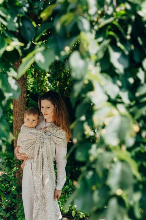 Żakardowa chusta kółkowa do noszenia dzieci, 50% bawełna, 50% wiskoza bambusowa, ramię bez zakładek - INFINITY - GOLDEN HOUR - s