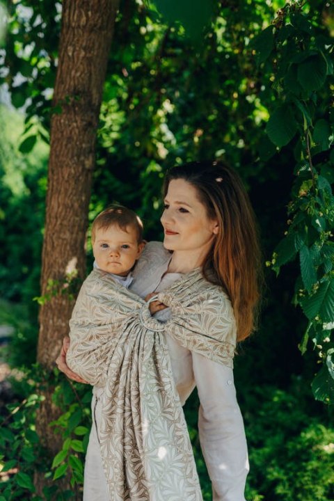 Żakardowa chusta kółkowa do noszenia dzieci, 50% bawełna, 50% wiskoza bambusowa, ramię bez zakładek - INFINITY - GOLDEN HOUR - s