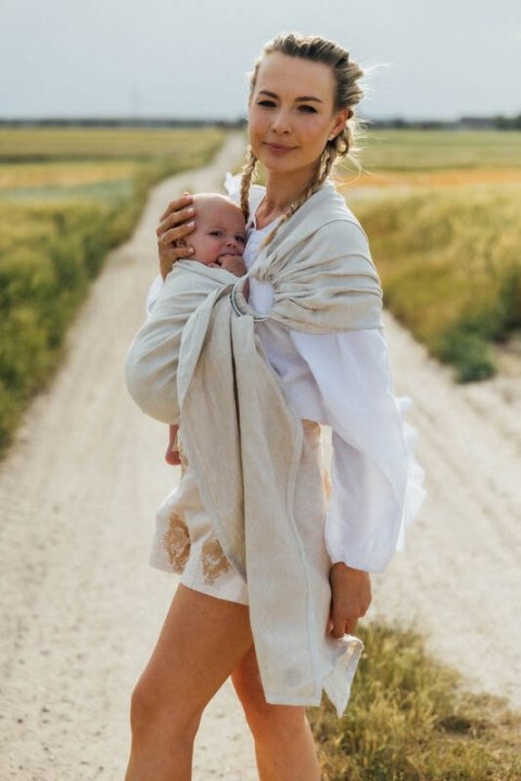 Chusta kółkowa do noszenia dzieci, splot chevron, 100% len, ramię bez zakładek - ARROW - WHISPER - standard 1.8m