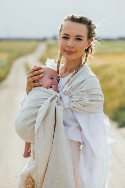 Chusta kółkowa do noszenia dzieci, splot chevron, 100% len, ramię bez zakładek - ARROW - WHISPER - standard 1.8m